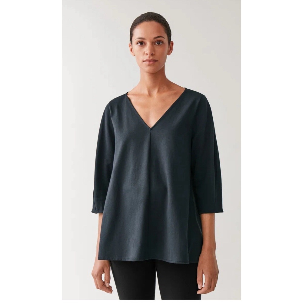 COS Swing Top Deep V-Neck 3/4 Sleeve Black Cotton Swing Minimalist Oversized XS